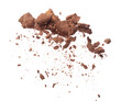 Cocoa powder fall fly in mid air mix cookie cracker, Cocoa powder floating explosion. Cocoa powder Chocolate chip crunch throw in air. White background isolated freeze motion high speed shutter
