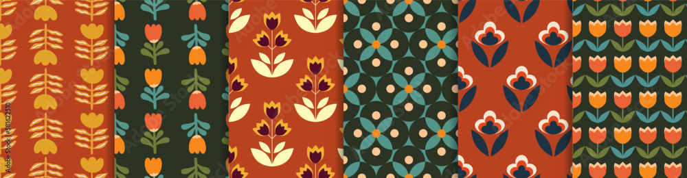Vetor 1970 Daisy Flowers, Trippy Grid, Wavy Swirl Seamless Pattern Set ...
