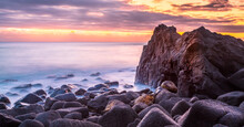 Coastal Rocks In The Light Before Sunrise At Burleigh Heads, Queensland, Australia