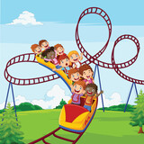 Fototapeta Dinusie - Cartoon little kid play in roller coaster