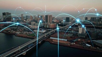 Aufkleber - Modern city and communication network concept. IoT (Internet of Things). Smart city. Digital transformation. Drone point of view.