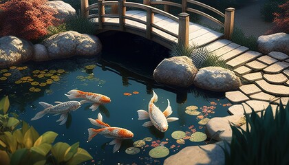 koi pond digital art illustration, Generative AI