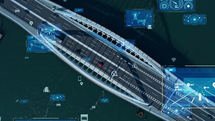 Poster - Modern city bridge aerial view and transportation technology concept. Smart transportation. ITS (Intelligent Transport Systems). Mobility as a service.