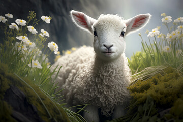 sheep in a field with flowers, Generative Ai