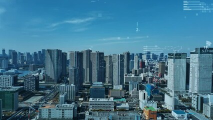 Leinwandbilder - Modern city and statistics data concept. Management strategy. Financial technology. Drone point of view.