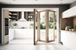White folding door opening on professional modern wooden kitchen with accessories, interior design, architect designer concept, blur background, illustration. Generative AI