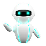 Fototapeta  - Friendly Cute robot with hand up hello, chatbot mascot, AI, Artificial intelligence, virtual smart assistant bot icon, customer support chat bot, innovation and technology concept. 3d rendering