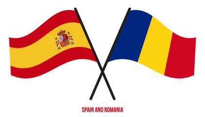 Spain and Romania Flags Crossed And Waving Flat Style. Official Proportion. Correct Colors.