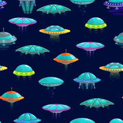 Poster - Cartoon ufo and spacecrafts seamless pattern. Vector background with cute alien saucers on blue backdrop. Space themed repeated ornament for wrapping paper, wallpaper or textile in childish style