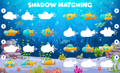 Poster - Shadow match cartoon underwater submarine and bathyscaphe. Kids vector game worksheet with cartoon sub boats in ocean. Children logic puzzle, preschool or kindergarten education brainteaser activity