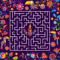 Aufkleber - Labyrinth maze game, help toucan to find feather, kids quiz vector worksheet. Find way puzzle with toucan bird and tropical flowers, labyrinth escape or search path and way out riddle maze