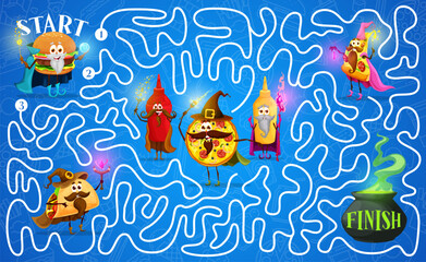 Poster - Help the cartoon takeaway fast food wizards to find potion. Vector kids labyrinth maze board game with burger, tacos, ketchup and mustard with pizza funny sorcerer personages. Boardgame riddle, test