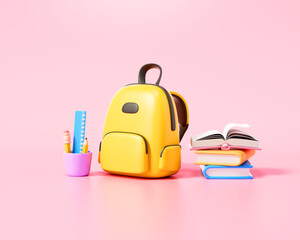 back to school concept. bag, book and pencil icon on pink background, online learning, school study,