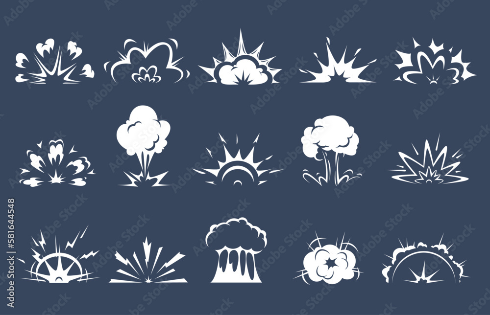 Cartoon bomb explosion, comic clouds and boom blast smokes, vector game ...