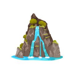 Poster - Cartoon waterfall and water cascade, nature landscape of falling water from mountain, isolated vector. Waterfall cascade from river on hill or aqua stream from island rock to tropical forest lake