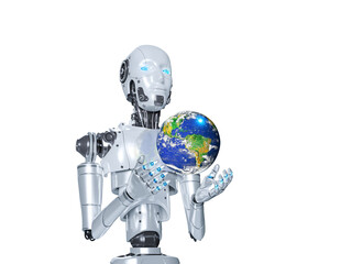 Poster - Robot Holding planet Earth isolated on transparent background, 3d rendering and png file, Elements of this image furnished by NASA