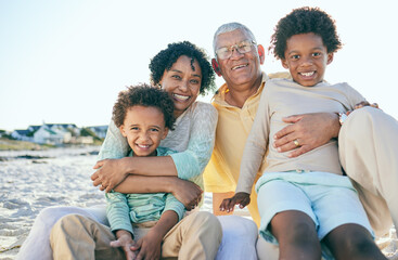 Wall Mural - Smile, grandparents and portrait of children at beach enjoy holiday, summer vacation and weekend. Family, love and happy grandpa, grandmother and kids hug for quality time, relax and bonding