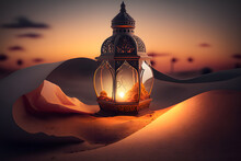 Oriental Lamp In Sand At Ramadan Night, Landscape With Bright Sunset Background Made With Generative AI