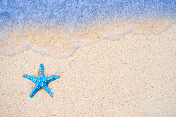 Starfish on sandy beaches and stunning blue sea waves on the Andaman Islands.