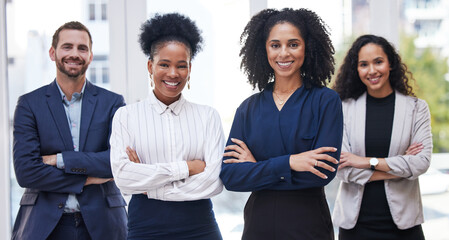 Poster - Happy, leadership and portrait of proud business people in office,confident and partnership. Face, diversity and team collaboration, teamwork and startup mission by group with vision, goal and unity