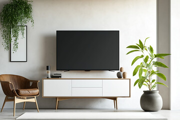 Canvas Print - Smart TV on wooden cabinet in modern living room without furnishings -. Generative AI