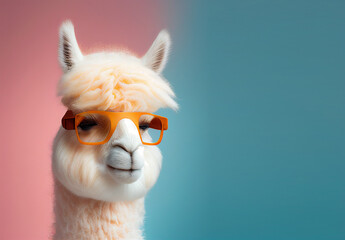 creative animal composition. alpaca wearing shades sunglass eyeglass isolated. pastel gradient backg