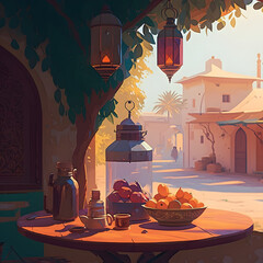 Wall Mural - Ramadan Arab village scenery background illustrations, Arab street view with lantern date fruit, coffee pot, and rosary beads, figs, palm trees post design