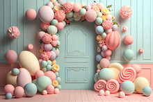3D Pastel Background With Deco And Balloons Stage Round Arch Garland Around Green Door Frame. Valentine Wedding. Party Presentation. Mockup 3d Render Advertisement Copy Space Mockup. Event Celebration