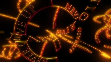 Never give up motivational text animation with chain of golden rotating three dimensional rings
