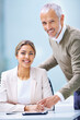 © Yuri A/peopleimages.com - Teamwork with a smile. Portrait of a young businesswoman and a a mature businessman in an office.