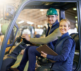 Poster - Together, well get things moving. Portrait of driver in a forklift and a manager on the factory floor.