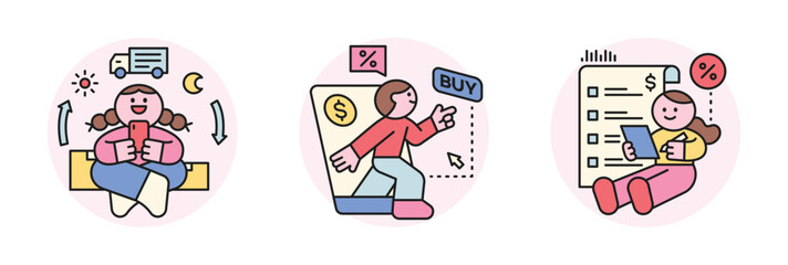 Poster - Online internet live commerce. People shopping on mobile and computer. Fast delivery, smartphone and shopping list.