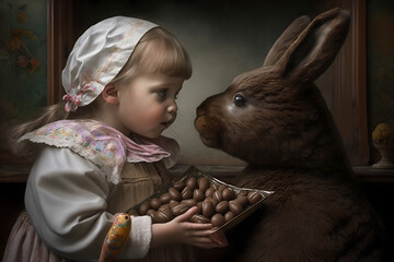 Wall Mural - A brown easter bunny goes arround and gives chocolate eggs and hope to the small children of ukraine and other war stricken places around the world, love and peace to everyone