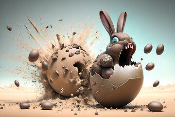 Poster - Horror scare - crazy, scary chocolate easter bunny explodes in a surprise out of a huge easter egg, to terrorize!