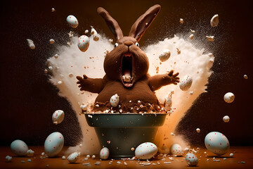 Wall Mural - Horror scare - crazy, scary chocolate easter bunny explodes in a surprise out of a huge easter egg, to terrorize!