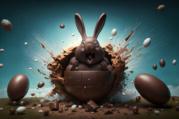 Wall Mural - Horror scare - crazy, scary chocolate easter bunny explodes in a surprise out of a huge easter egg, to terrorize!