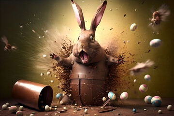 Poster - Horror scare - crazy, scary chocolate easter bunny explodes in a surprise out of a huge easter egg, to terrorize!