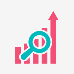 Fototapete - Growing graph with magnifying glass. Chart columns, highest one ends with up arrow. A magnifying glass superimposed on the graph symbolizes data analysis for business growth. SEO optimization concept