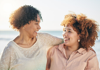 Family, mother and adult daughter hug with smile and happiness outdoor, travel and adventure on vacation. People at beach, happy women and love, care and support, relationship and freedom in the sun