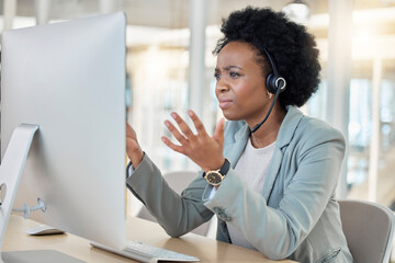 Frustrated, confused and stress in call center, black woman with headset and contact us, CRM problem and computer glitch. Female employee, tech support mistake or software error in customer service