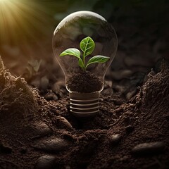 Green Energy and a Bright Future wiht Light Bulb in Soil.Generative AI