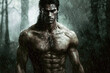 © alexkoral - portrait of an aggressive male werewolf in a dark forest. Generative AI illustration