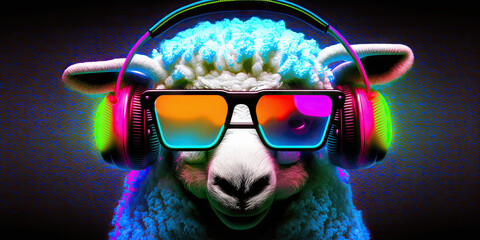 Wall Mural - Cool neon party dj sheep in headphones and sunglasses, generative ai