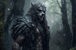© alexkoral - male werewolf with head of wolf in a dark foggy forest. Generative AI illustration