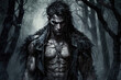 © alexkoral - portrait of an aggressive male werewolf in a dark forest. Generative AI illustration