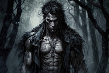 Portrait Of An Aggressive Male Werewolf In A Dark Forest. Generative AI Illustration