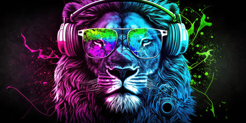 Wall Mural - Cool neon party dj lion in headphones and sunglasses, generative ai