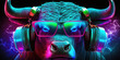 © Vertigo Images - Cool neon party dj bull in headphones and sunglasses, generative ai