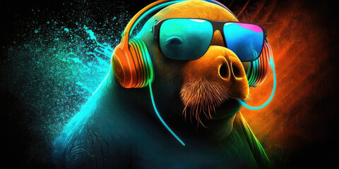 Cool neon party dj walrus in headphones and sunglasses, generative ai