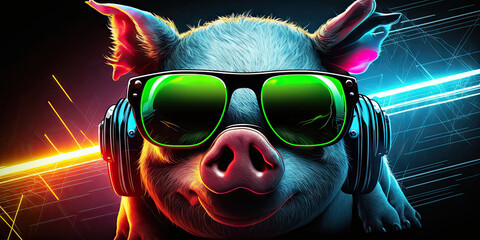 Cool neon party dj pig in headphones and sunglasses, generative ai